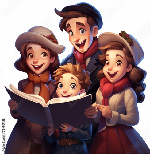 Vector drawing of a group of singing carolers holding songbooks.