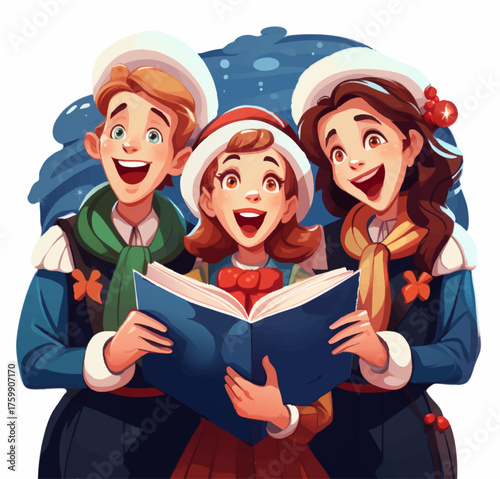 Vector drawing of a group of singing carolers holding songbooks.