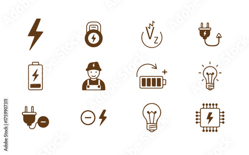 Collection of electrical and energy related icons including lightning bolts batteries and light bulbs