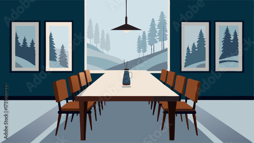 A dining room with a long wooden farmhouse table mismatched antique chairs and a large black and white photograph of a snowy forest.