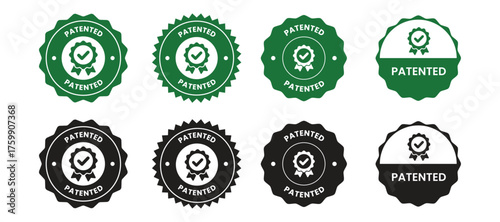 Green patented stamp vector illustration with check mark symbol, approval label, certification badge, trademark protection design, intellectual property rights guarantee, verified seal icon.