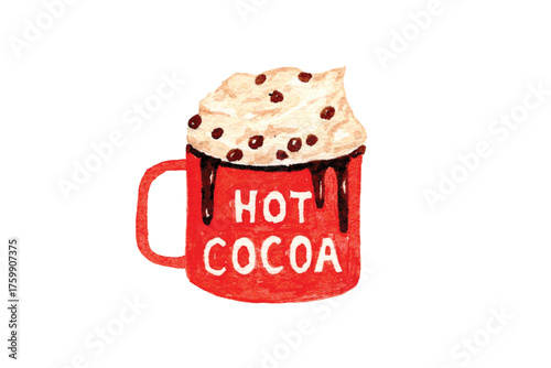  Red Mug of Hot Cocoa with Whipped Cream and Chocolate Christmas drink illustration Sublimation Design