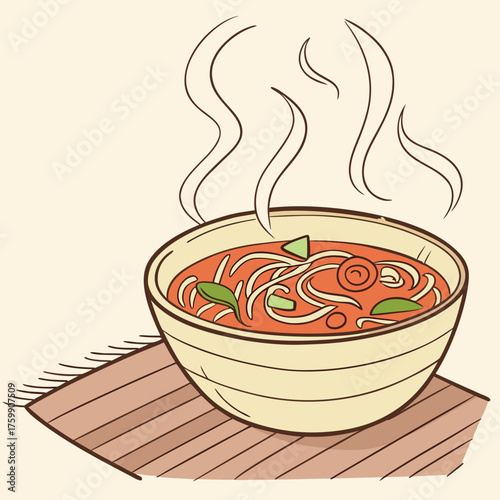  Hand-drawn noodle soup illustration with steam, vegetables and aromatic broth in bowl on mat, cozy Asian food art