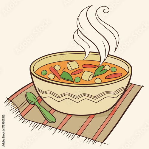  Hand-drawn soup bowl illustration with steam, tofu, vegetables and spoon on striped mat, cozy Asian food art