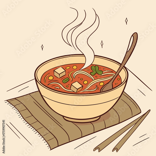  Hand-drawn ramen bowl illustration with steam, tofu, noodles, and chopsticks on placemat, cozy Asian food art