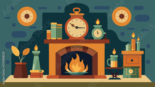 A cozy fireplace adorned with an assortment of antique clocks and vintage art pieces.