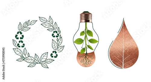Elegant eco-friendly vector elements with recycling wreath, plant lightbulb, and leaf droplet for green branding