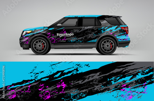 Teal and black livery SUV wrap design with grunge textures. Provided in editable vector EPS format.