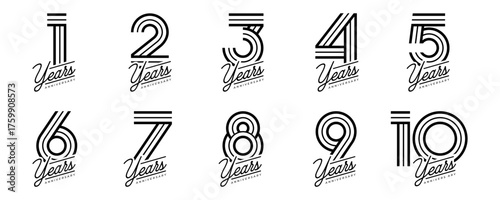 Set of vector logo designs for 1st to 10th anniversary, in black color for celebrations, weddings and birthdays