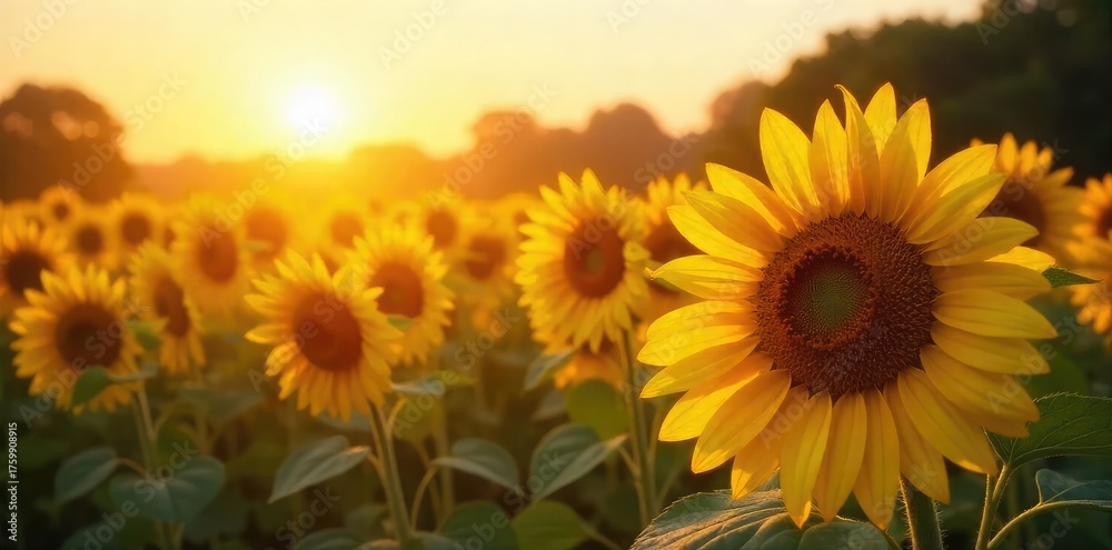 Obraz premium A field of sunflowers bathed in golden sunlight, their faces turned towards the sun, creating a vibrant and warm scene The rich, saturated color evokes feelings of joy and summer , vibrant, meadow