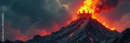 A fuming, powerful crown rests on a jagged, volcanic rock formation, signifying untamed rage and dominance The image evokes a sense of fiery wrath and absolute power , majestic, kingdom