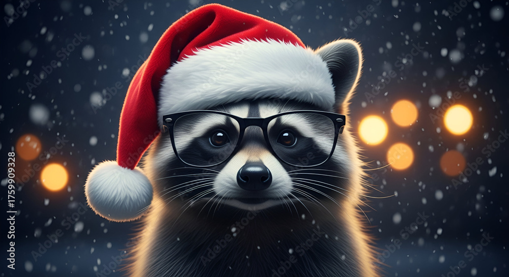 Fototapeta premium Cute Raccoon in Santa Hat Christmas Cartoon Character