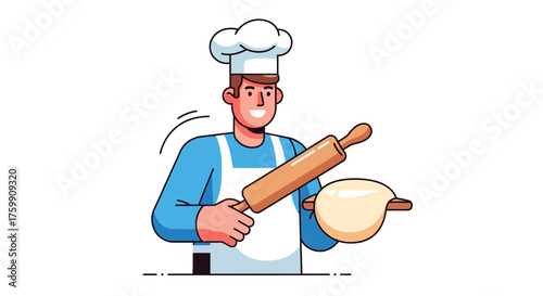 A Cheerful Baker Prepares Dough with Rolling Pin on Black Background