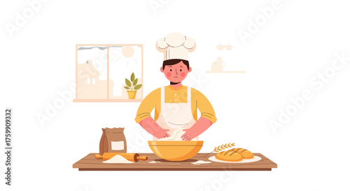 A Cheerful Baker Kneading Dough in a Sunny Kitchen Preparing Fresh Bread