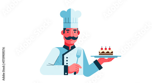 A Cheerful Chef Proudly Presenting A Delicious Cake On A Black Background