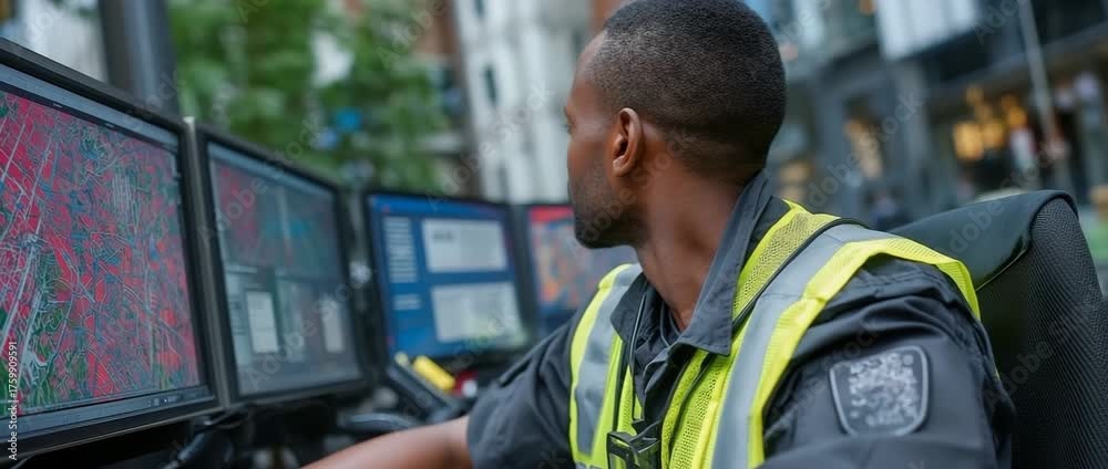 During the day, a security guard checks patrol routes on a computerized ...