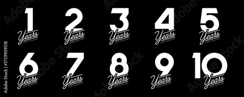 Set of vector logo designs for 1st to 10th anniversary, in white color for celebrations, weddings and birthday
