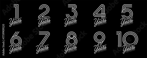 Set of vector logo designs for 1st to 10th anniversary, in white color for celebrations, weddings and birthday