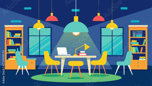 A bright and modern study area with fluorescent lights and comfortable chairs perfect for group projects and studying.