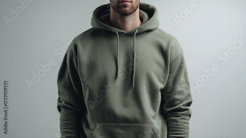 a person wearing an olive green hoodie, front view mockup with hands in pockets, white background,