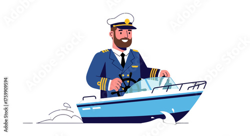 A Smiling Boat Captain Navigating a Vessel In Calm Waters With Elegant Details
