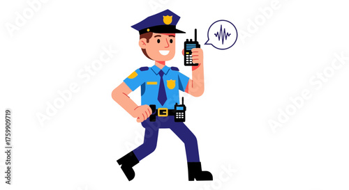 A Smiling Policeman Broadcasting Audio Waves with His Radio Against Black Background
