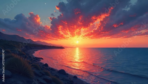 Abstract, painterly depiction of a shoreline at sunset Vast, textured sky meets the calm, reflective water's edge Colors are muted, evoking a sense of tranquility and mystery , twilight, clouds