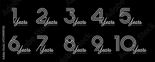 Set of vector logo designs for 1st to 10th anniversary, in white color for celebrations, weddings and birthday