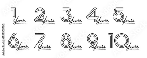 Set of vector logo designs for 1st to 10th anniversary, in black color for celebrations, weddings and birthdays