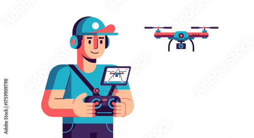 A Drone Operator Piloting A Remote Control Drone Over A Dark Black Background