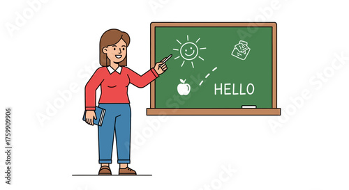 A Teacher In Class Giving Instructions, Illustrated Sun, Apple, And Message Of Hello
