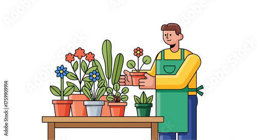 A Gardener Arranges Potted Blossoms, Demonstrating Horticultural Expertise and Aesthetic Design