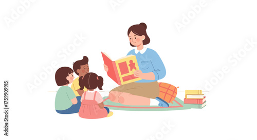 A Teacher Reading A Book To Kids, Storytelling And Early Education Illustration