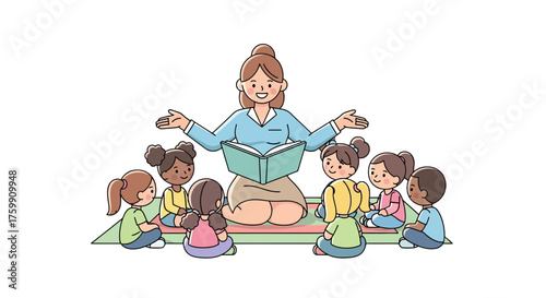 A Teacher Reading To Children In A Cheerful Classroom Environment