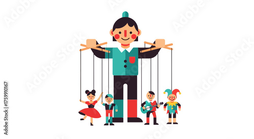 A Manipulator Controls A Group Of Small Puppets With Festive And Playful Costumes
