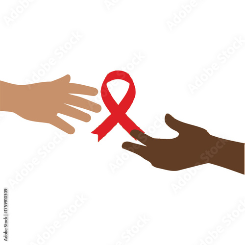 Hands reaching for a red ribbon of awareness and support unity solidarity cause charity aid help donation
