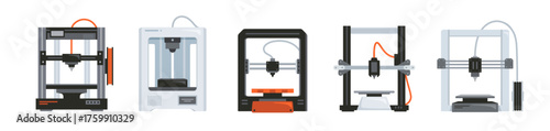 Set of 3D printers. Icons or stickers of equipment and machines printing prototypes and models. Engineering and manufacturing. Flat vector illustration collection isolated on background