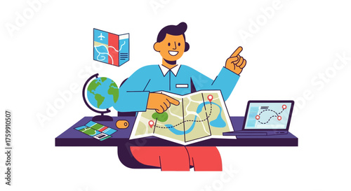 A Person Planning Travels with Map, Globe and Computer on a Black Background