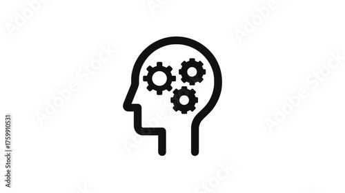 Thinking process icon, human head with gears symbol. Brainstorming, problem-solving, intelligence, logic, mental development, strategy concept vector.