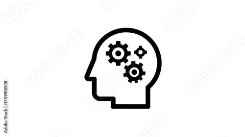 Conceptual outline icon of human head with internal gears, symbolizing thinking, mental process, intelligence, logic, innovation, and problem-solving.