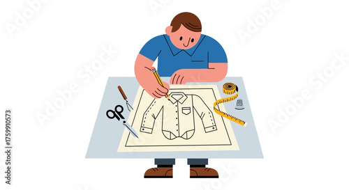 A Person Sketches Garment Design on a Table with Sewing Essentials Illustration