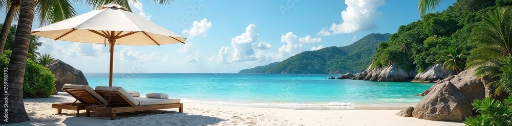 Fototapeta premium Luxury umbrella resort nestled on a pristine beach, offering serene ocean views and unparalleled relaxation Enjoy the tranquil atmosphere and breathtaking scenery , paradise, luxury