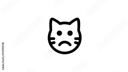 Cute sad cat face icon with downturned mouth. Simple black line art vector illustration of an upset feline head for UI/UX.