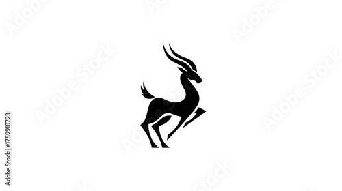 Graceful black silhouette of a jumping gazelle or antelope with elegant horns, symbolizing speed and agility on a white background.