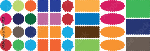 Scallop and zigzag edges set. Vector Jagged Geometric Shapes. Oval, Circle Stickers Set. Abstract Elements for Frame, Stamp, Template, Promo Design, Web Design and Social