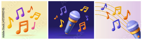 Set of 3D music banners. Backgrounds with microphone, melody and sound symbols, musical notes and lines. Listen to song. Plasticine style vector illustration collection isolated on background