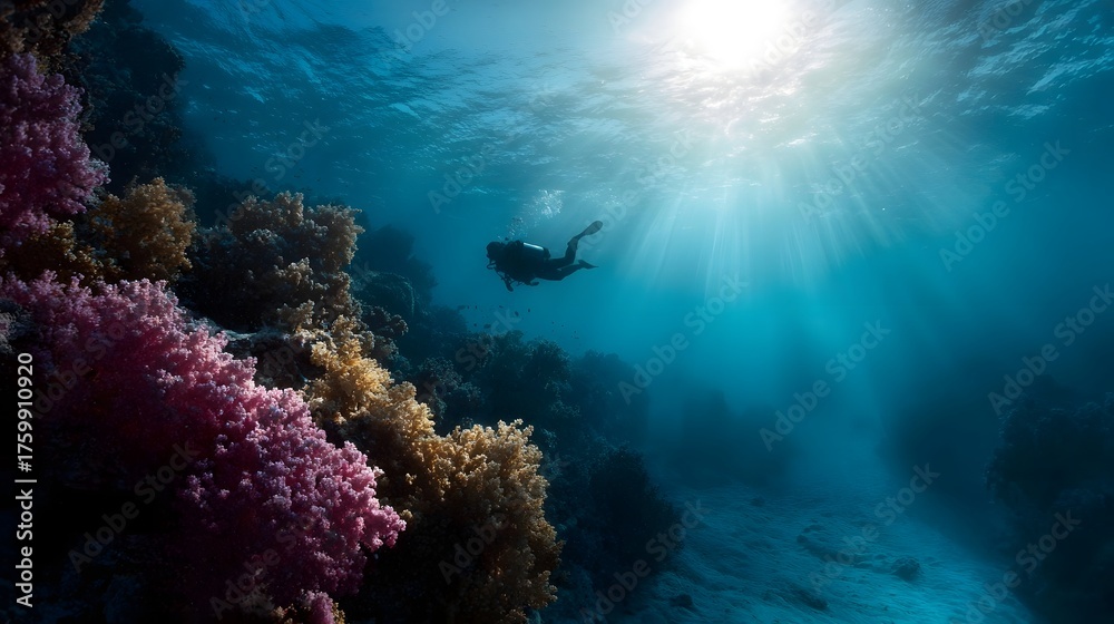 Fototapeta premium A diver explores a colorful coral reef with sunbeams piercing the deep blue ocean