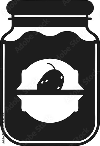 Pickle jar with label and brine inside silhouette vector icon , black and white , white background