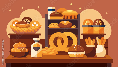 A display of freshly baked pretzels bagels and other breads at a traditional German bakery.