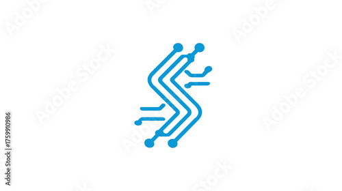 Abstract blue digital letter S icon formed by circuit lines, symbolizing technology, data, network, and connectivity. Modern tech design.